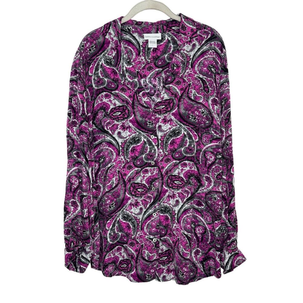 Soft Surroundings Purple Paisley Tunic Button Down Blouse Shirt Women’s Sz Large